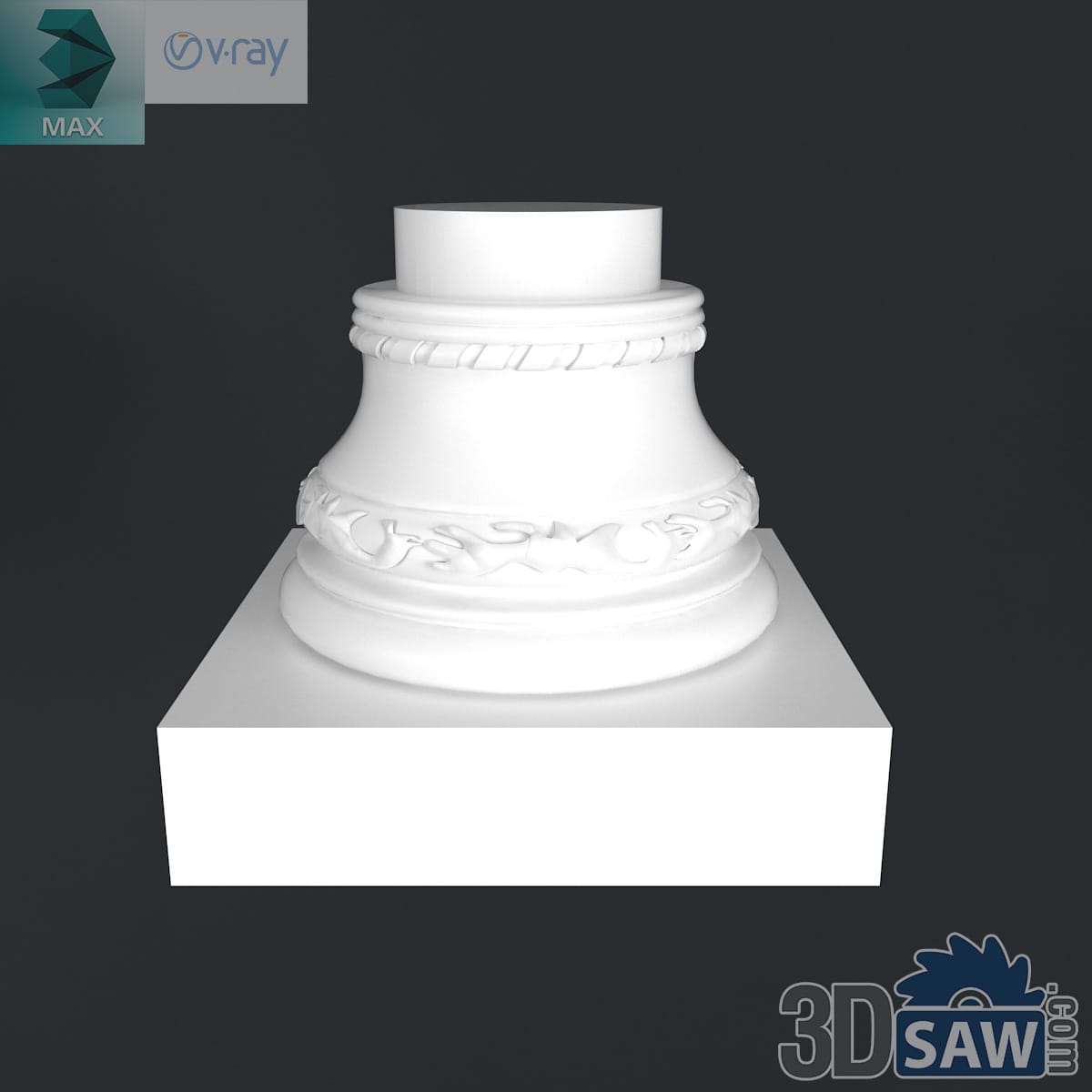 3ds Max classic column base with rope-twist collar and carved scroll frieze on a square plinth