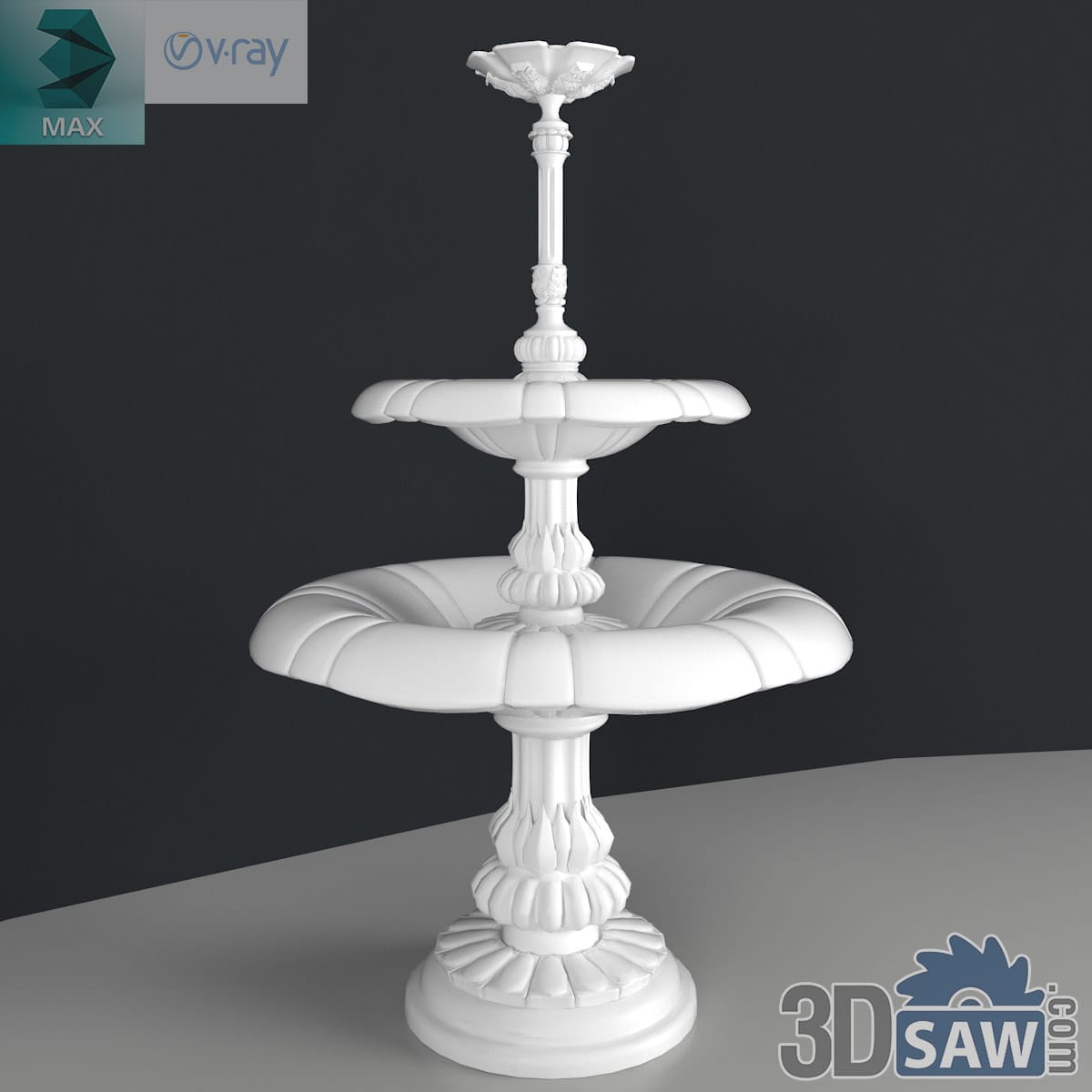 3ds Max classic two-tier garden fountain with scalloped basins on a carved central stem in stone