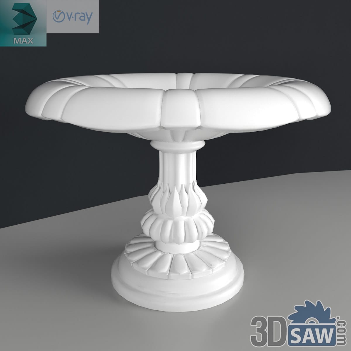 3ds Max classic single-tier scalloped garden fountain bowl on a carved baluster pedestal in stone