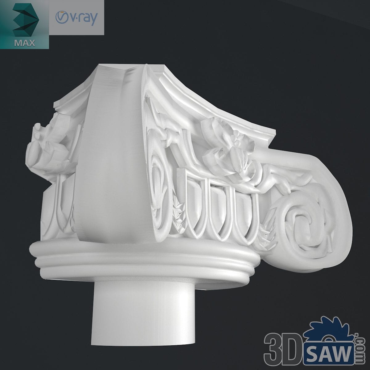 3ds Max classic Ionic column capital seen from the corner with spiralled volutes and a rosette