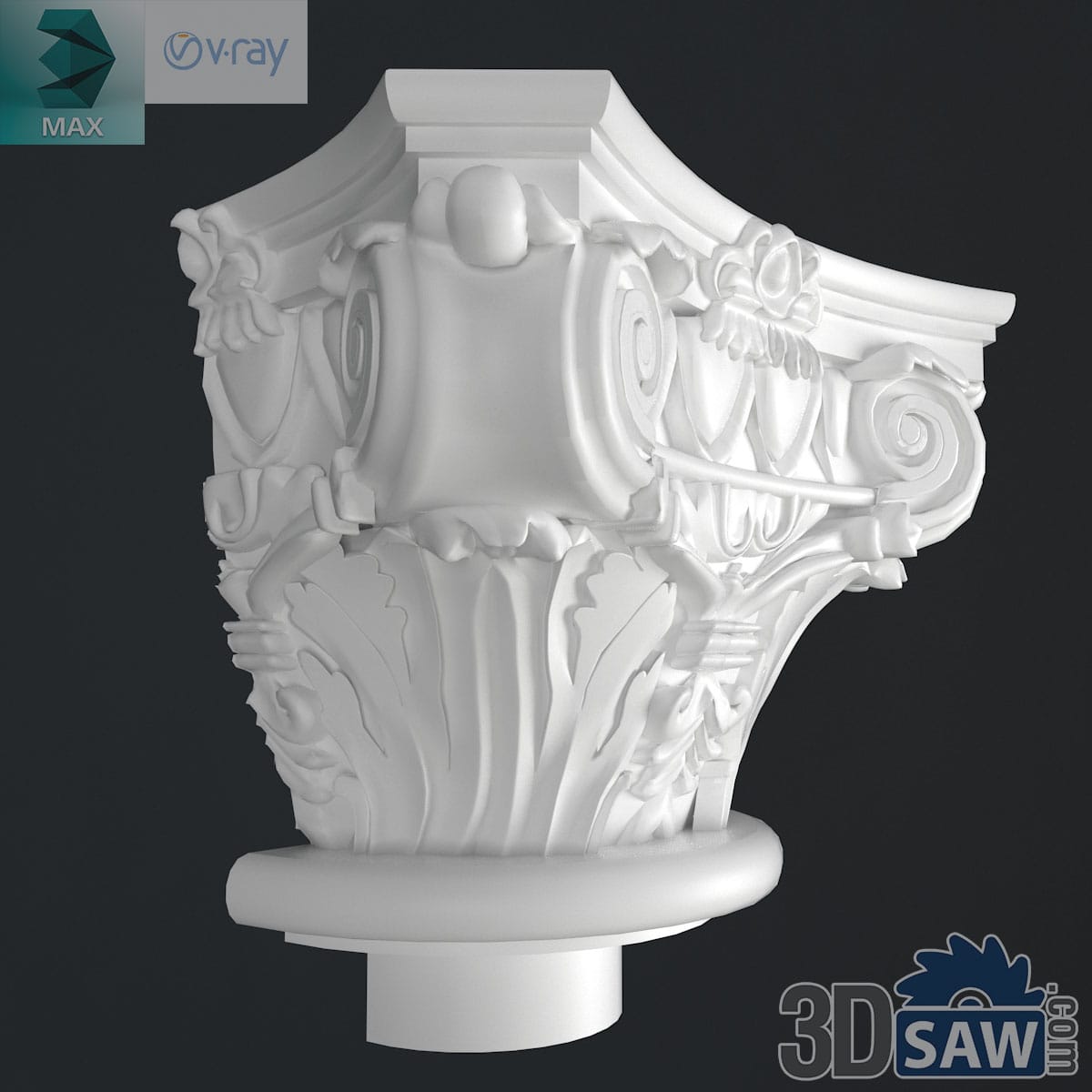 3ds Max classic Composite column capital with a blank central cartouche and acanthus leaves