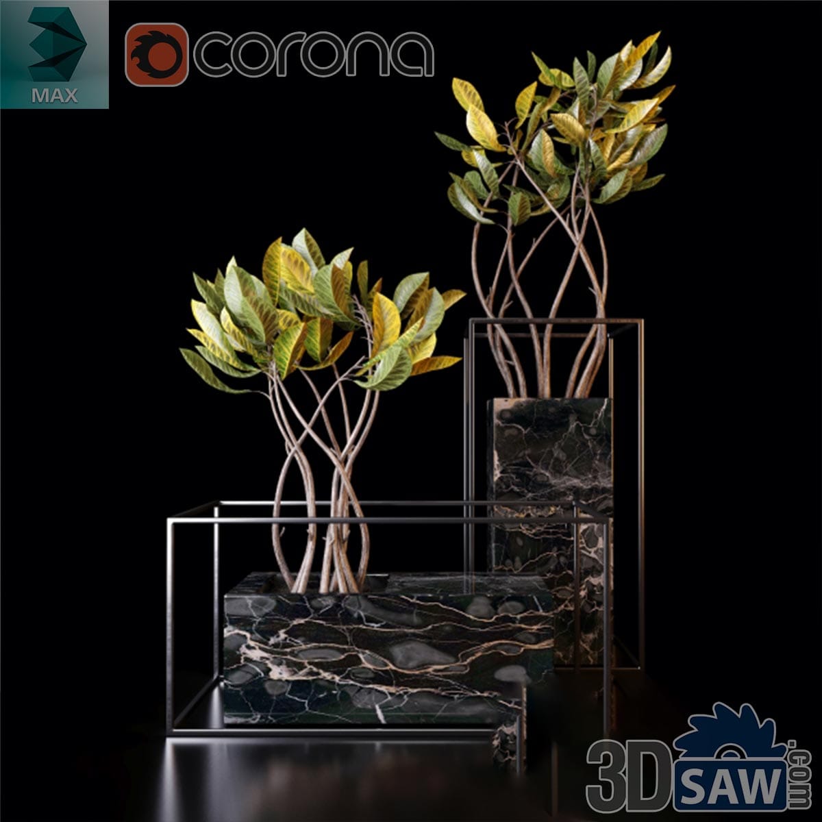 3ds Max luxury dried branch arrangements in tall black-and-gold marble block vases with wire frames
