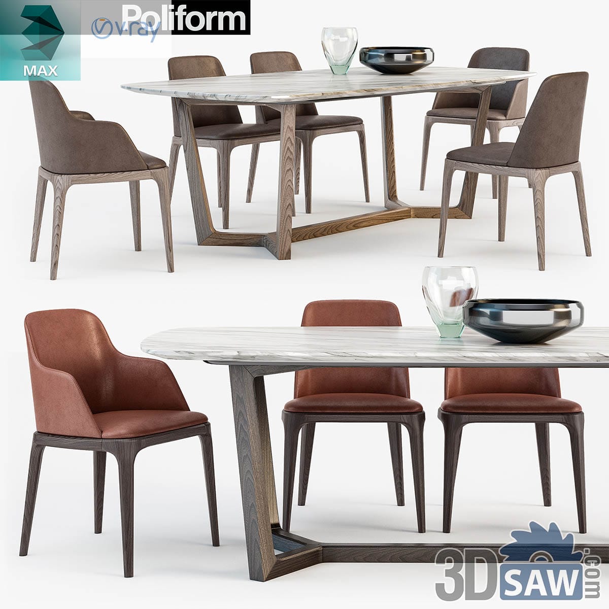 3ds Max modern marble-top dining table on angled ash trestle base with leather dining armchairs