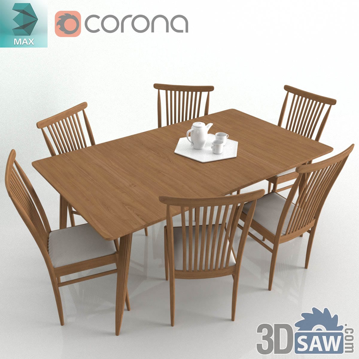 3ds Max Scandinavian oak dining table with six spindle-back chairs and a white tea service