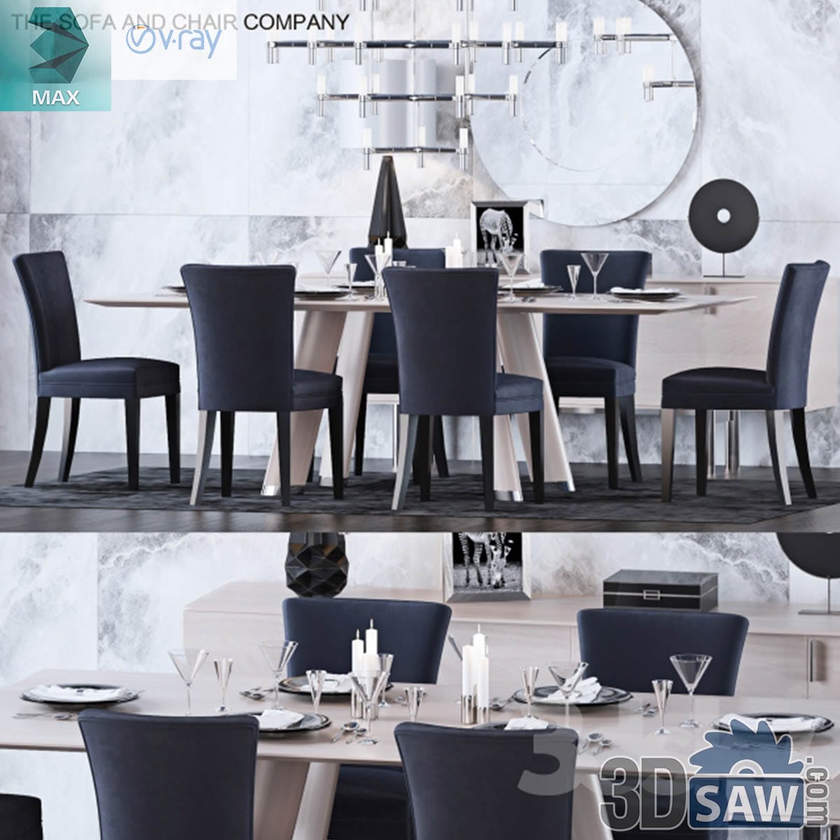 3ds Max luxury dining set with pale-oak table, navy velvet chairs, chandelier and round mirror