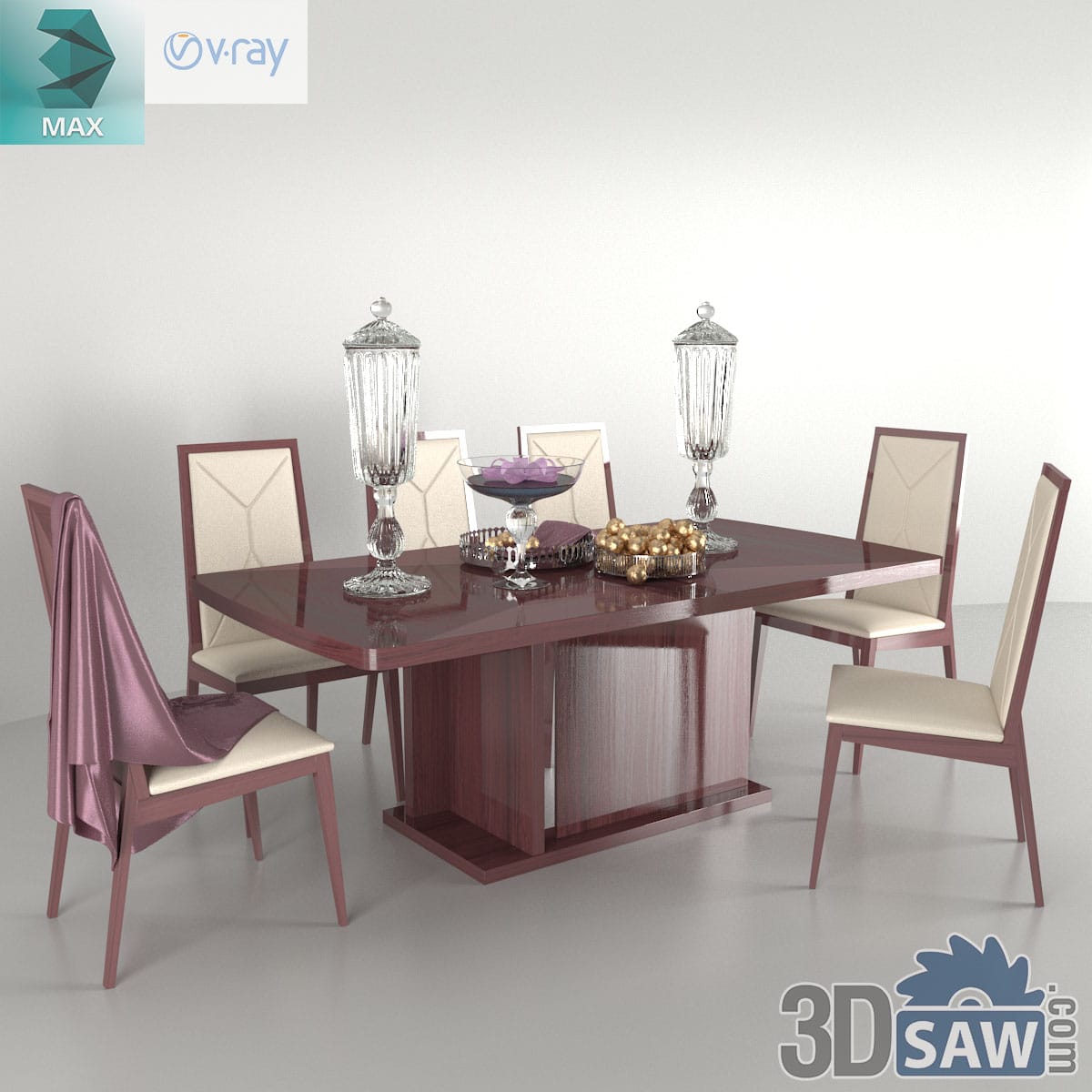 3ds Max luxury high-gloss mahogany dining table with cream leather chairs and tall crystal urns