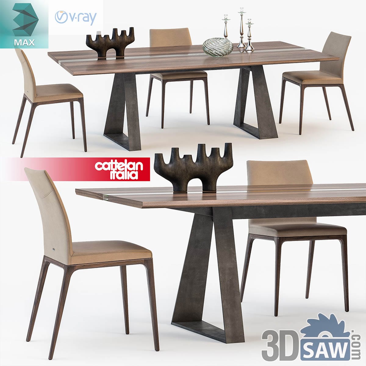 3ds Max modern walnut dining table on angled metal blade trestles with tan leather chairs