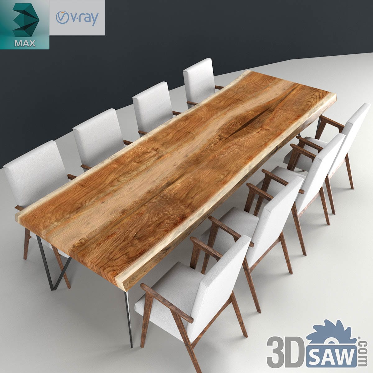 3ds Max rustic live-edge oak slab dining table on thin steel legs with white leather chairs