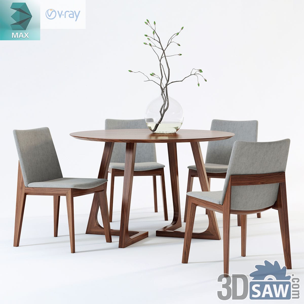 3ds Max Scandinavian round walnut dining table on crossed-blade base with grey upholstered chairs