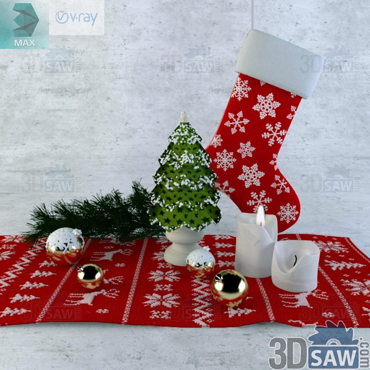 3ds Max Scandinavian Christmas decor set with a snowflake stocking, small tree, baubles and candles
