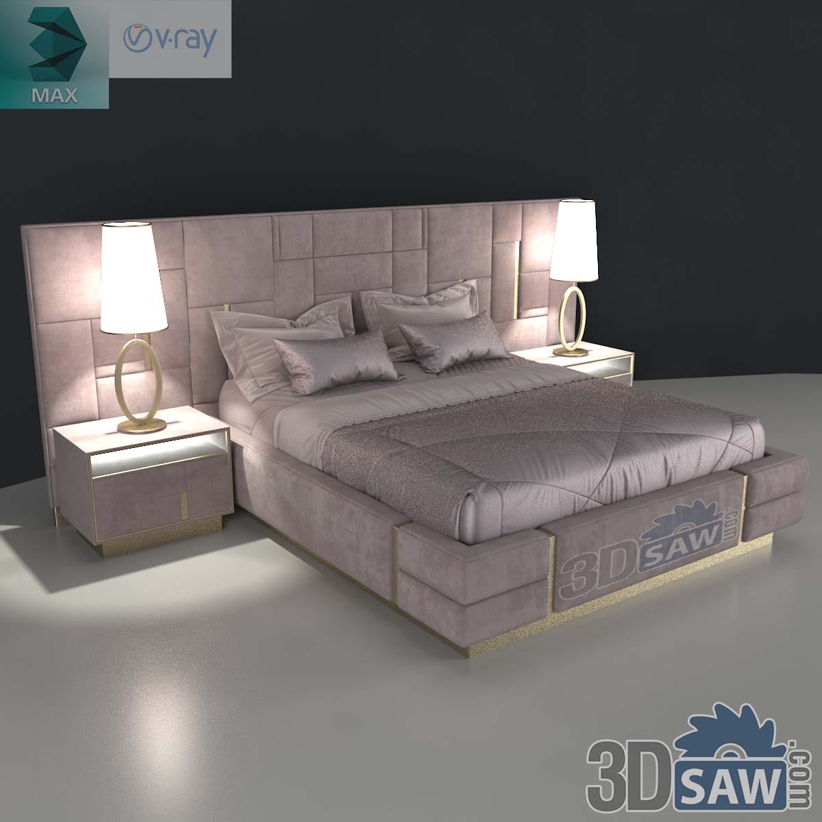 3ds Max luxury mauve velvet bed with block-panelled headboard, suede nightstands and gold lamps
