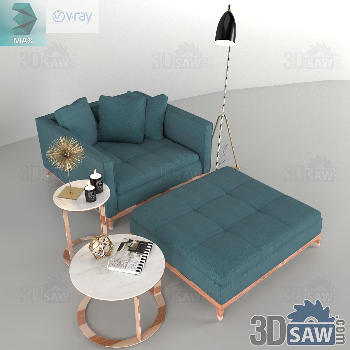 3ds Max teal linen armchair and square ottoman with marble nesting tables and black floor lamp