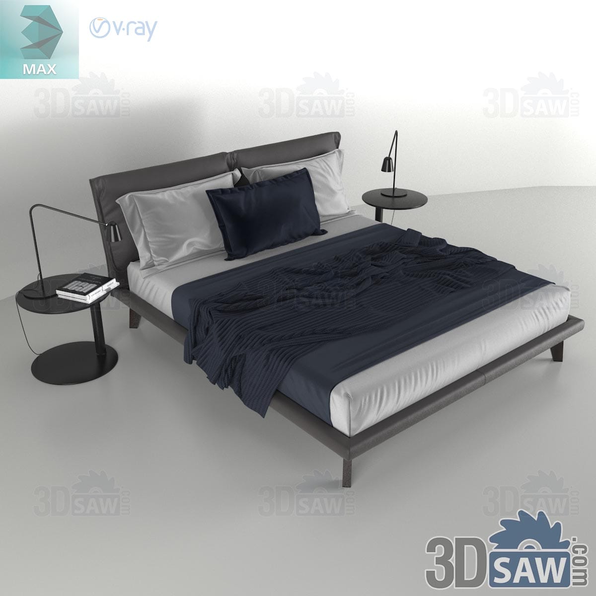 3ds Max modern charcoal leather platform bed with navy knit throw and black pedestal side tables