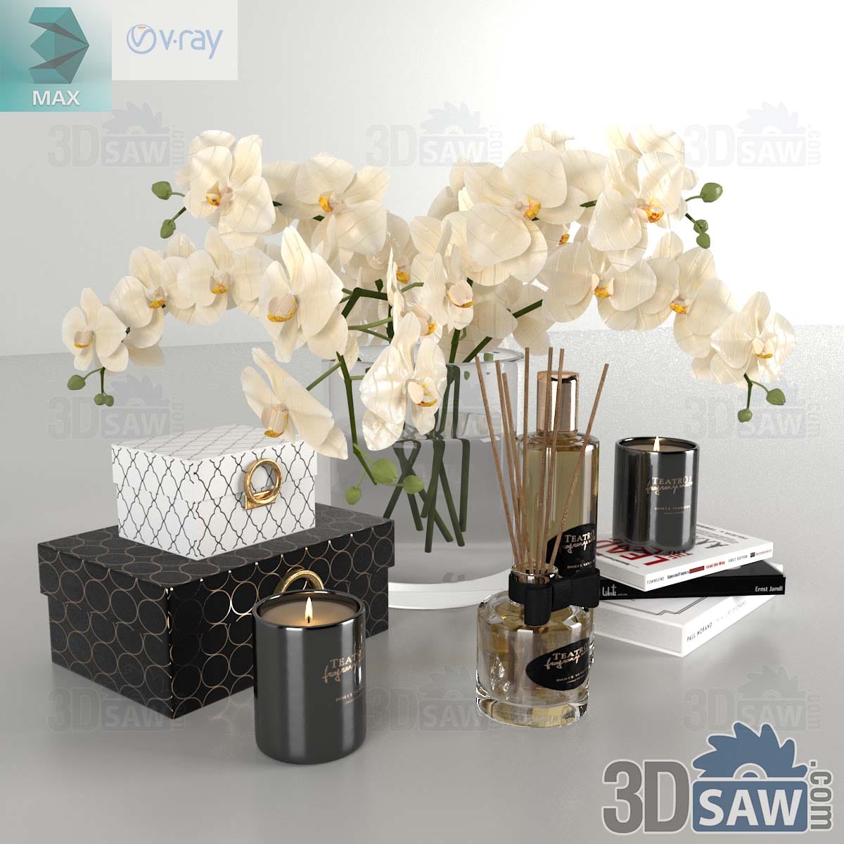 3ds Max decor set with white orchid in a glass vase, patterned boxes, candles and stacked books