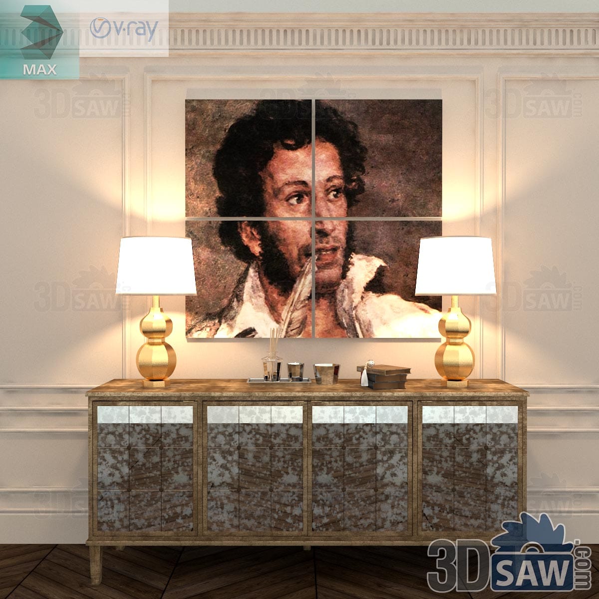 3ds Max antiqued-mirror sideboard with gold gourd lamps and a large portrait print above