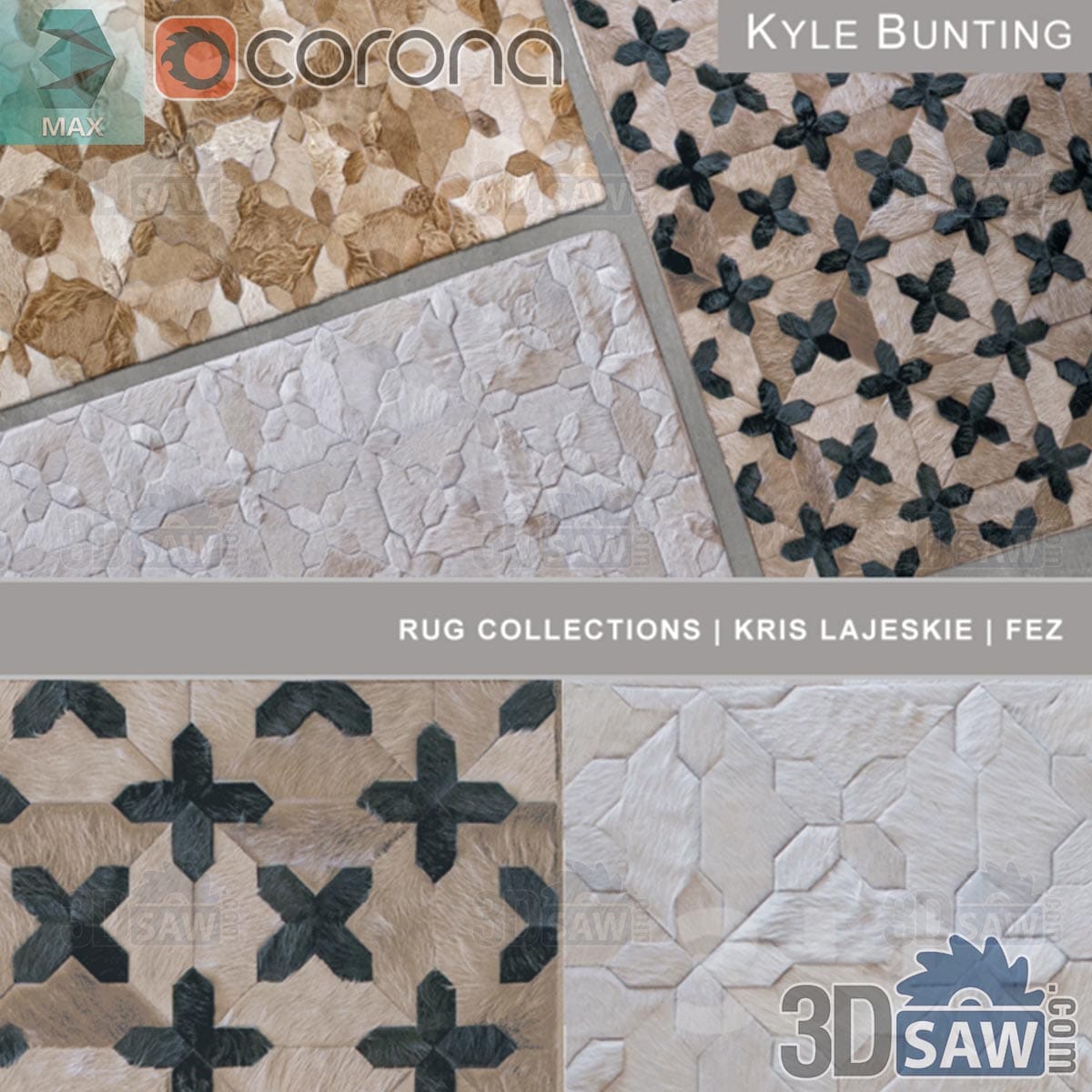 3ds Max patchwork cowhide rug collection with geometric star and mosaic hide patterns