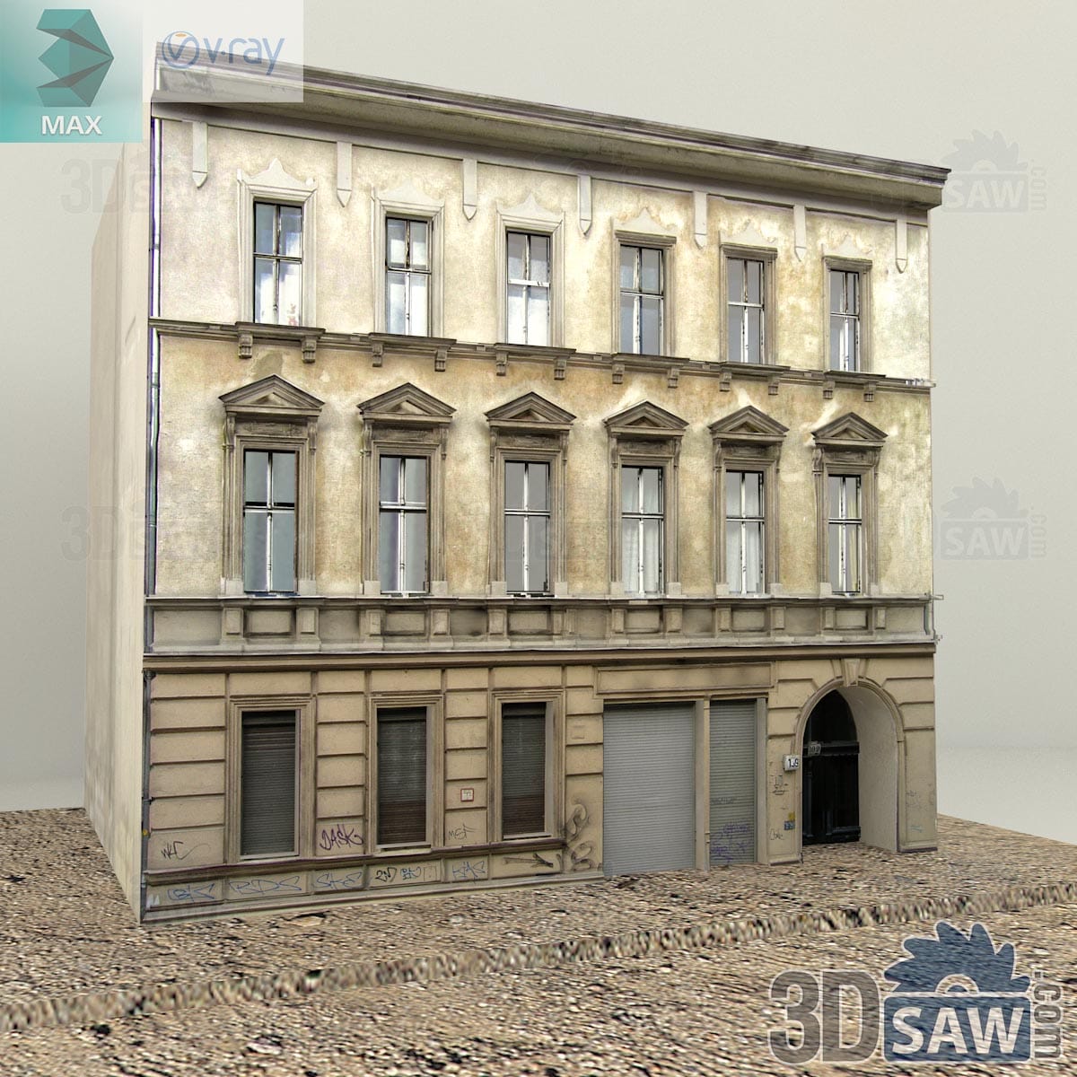 3ds Max weathered European old-town building facade with stucco walls, pediment windows and shopfronts