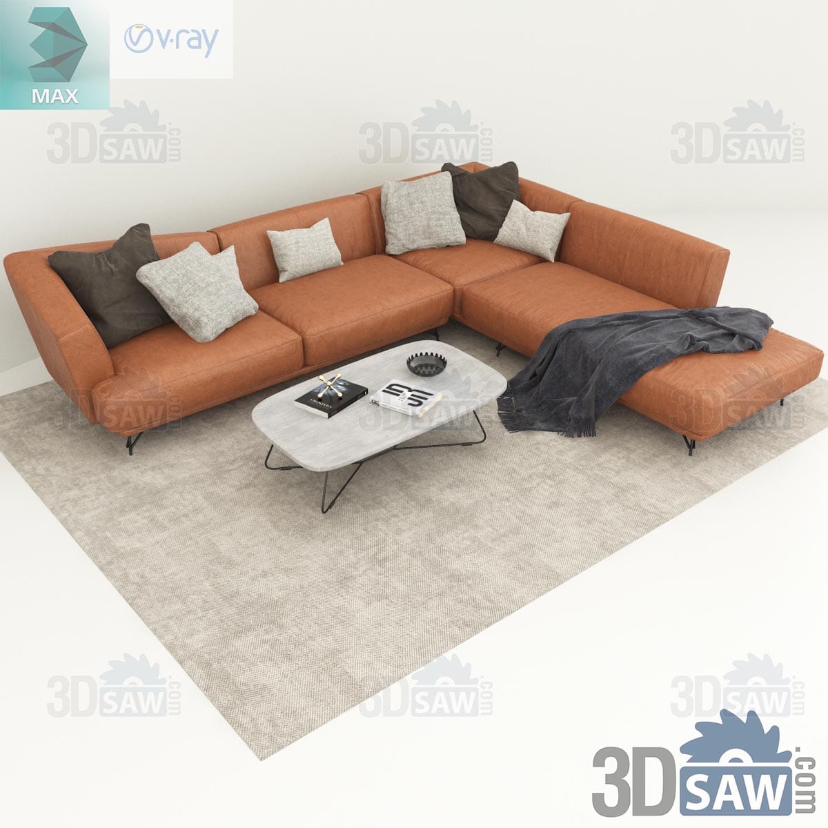 3ds Max cognac leather L-shaped sectional sofa with knit throw and oval terrazzo coffee table