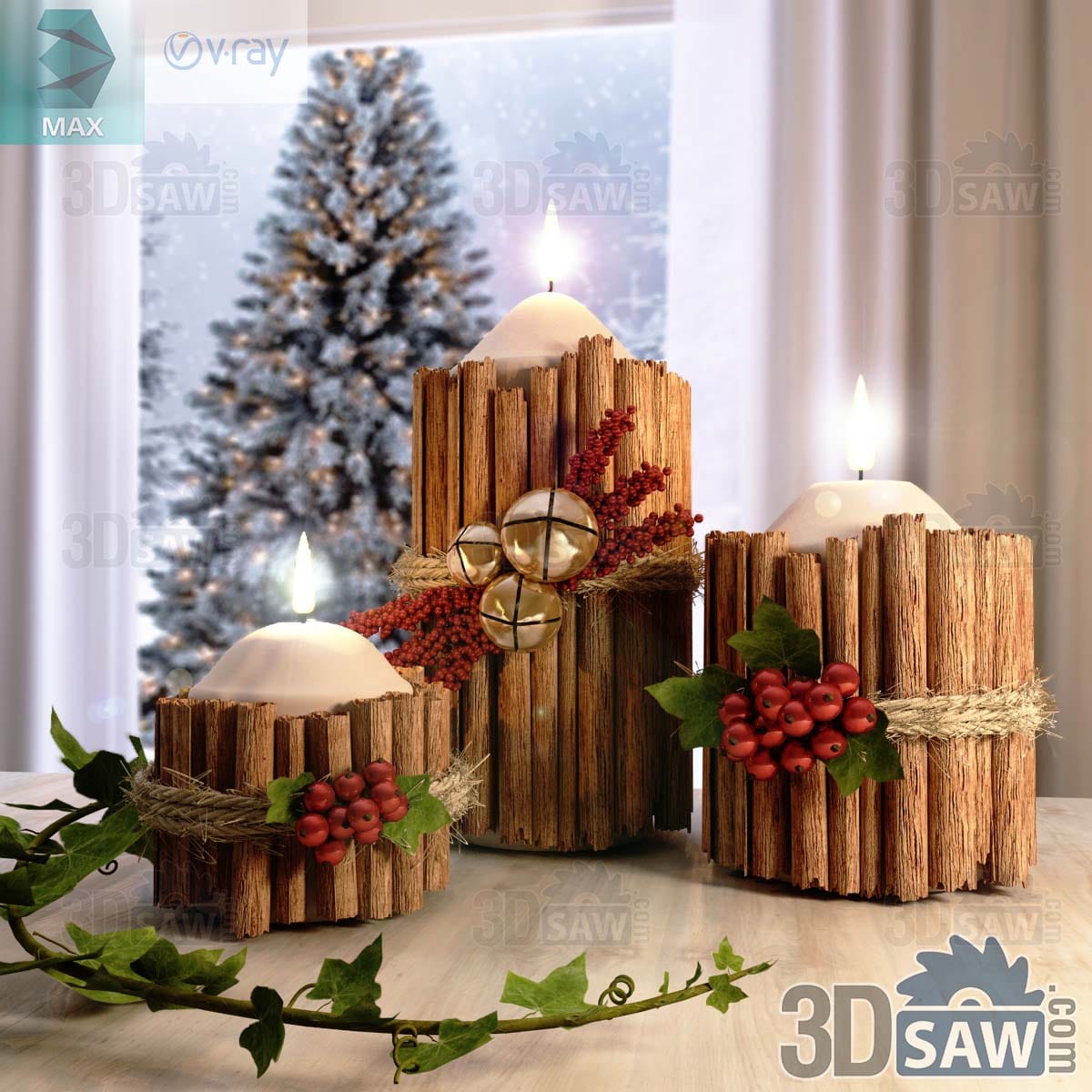3ds Max rustic Christmas candle holders wrapped in bark with red berries, holly and gold bells
