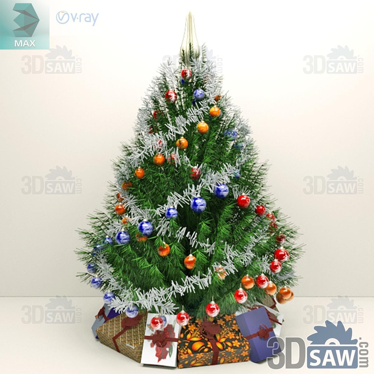 3ds Max decorated artificial Christmas tree with tinsel, coloured baubles and wrapped gifts
