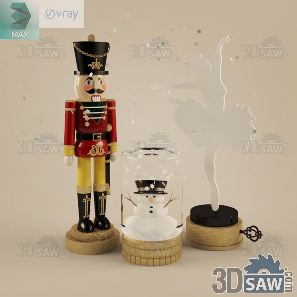 3ds Max Christmas set with a wooden nutcracker soldier, snowman snow globe and ballerina music box