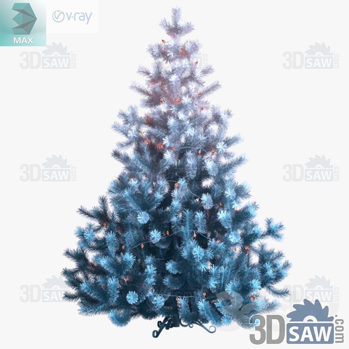 3ds Max undecorated frosted blue spruce Christmas tree on a black wrought-iron stand