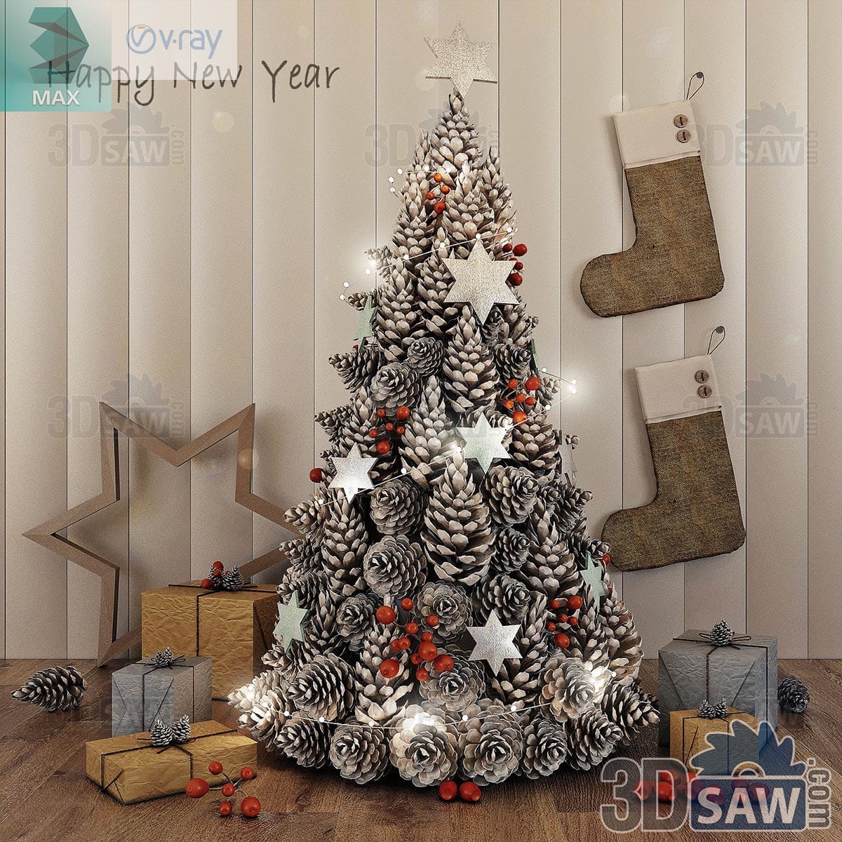 3ds Max pinecone Christmas tree with silver stars, red berries, fairy lights and burlap stockings