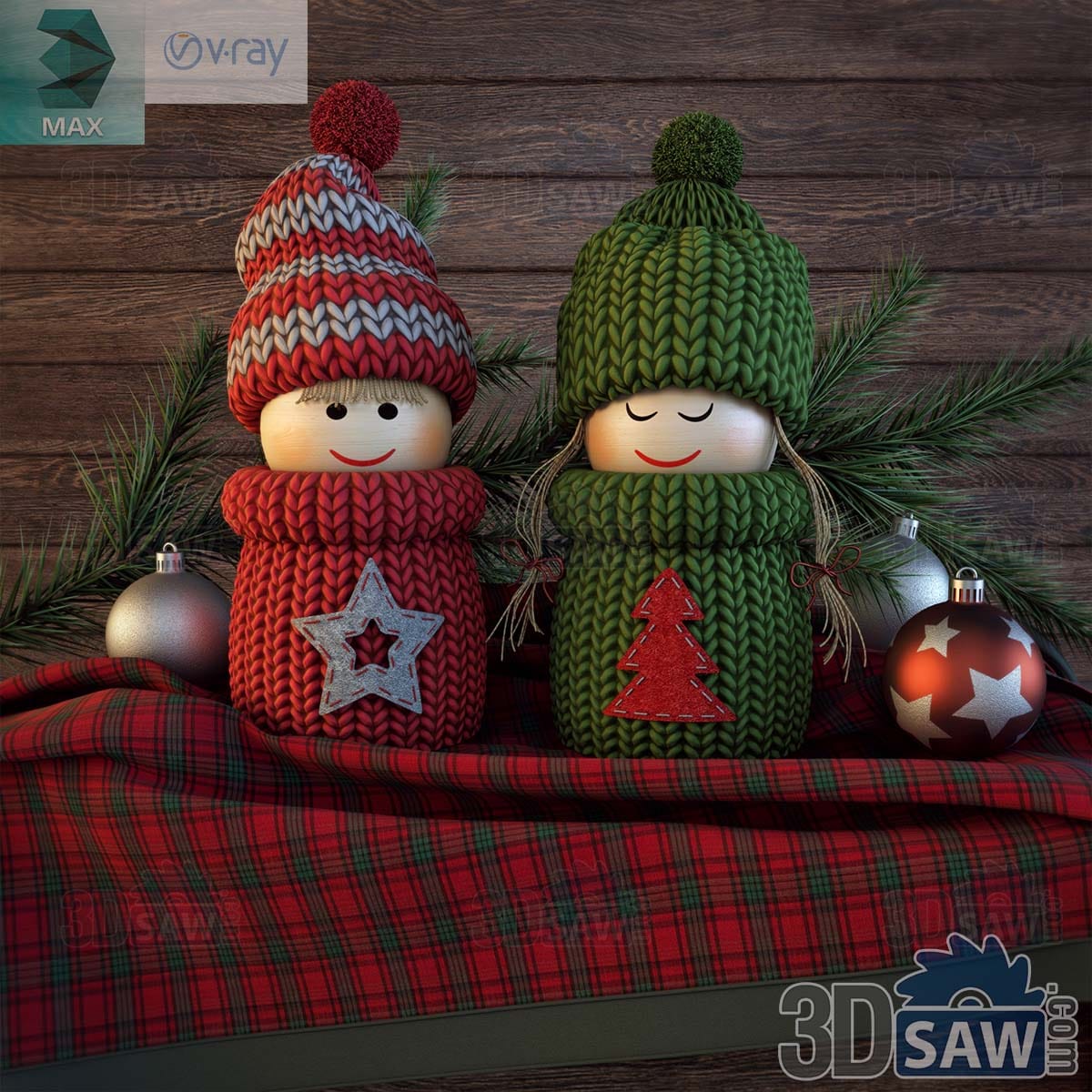 3ds Max wooden peg-doll figures in red and green knit hats with pine sprigs and Christmas baubles