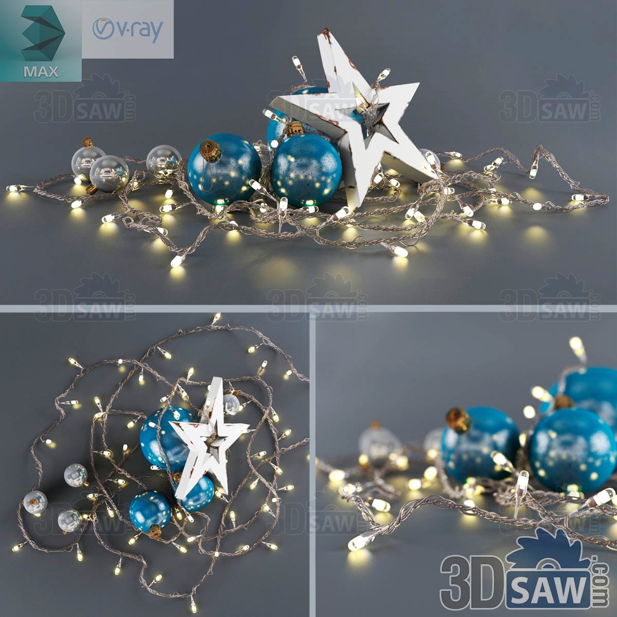 3ds Max blue and silver Christmas baubles with a white wooden star tangled in warm fairy lights