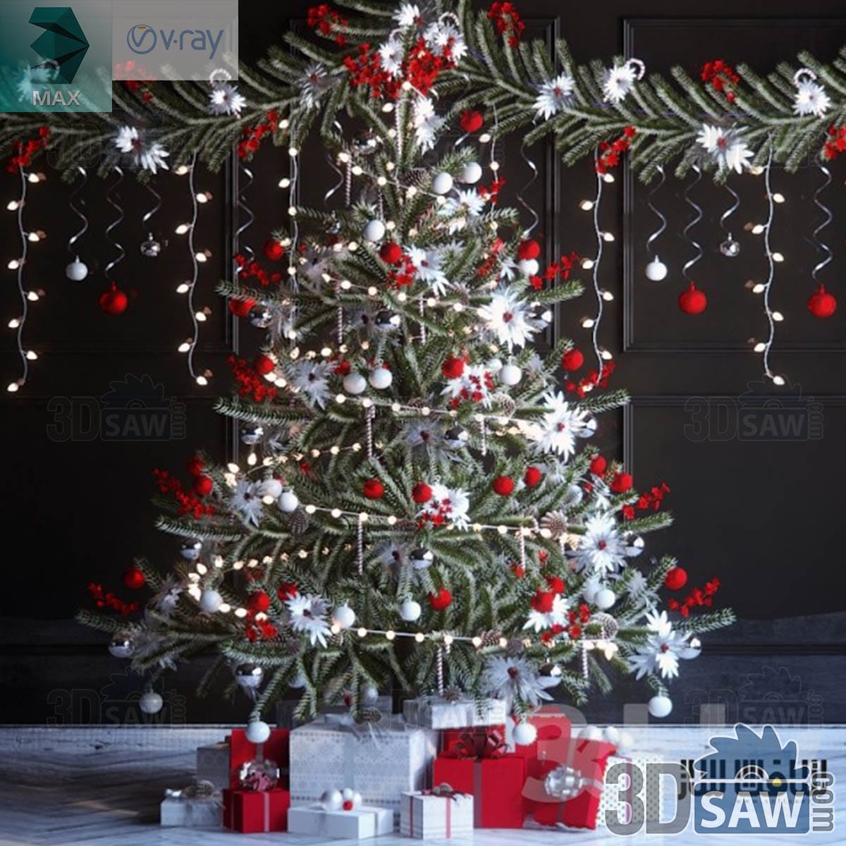3ds Max green Christmas tree with red and white baubles and flower picks against a black panelled wall