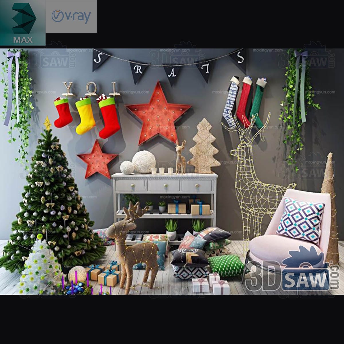 3ds Max Christmas corner with two trees, a gift-laden console, marquee stars, stockings and reindeer figures
