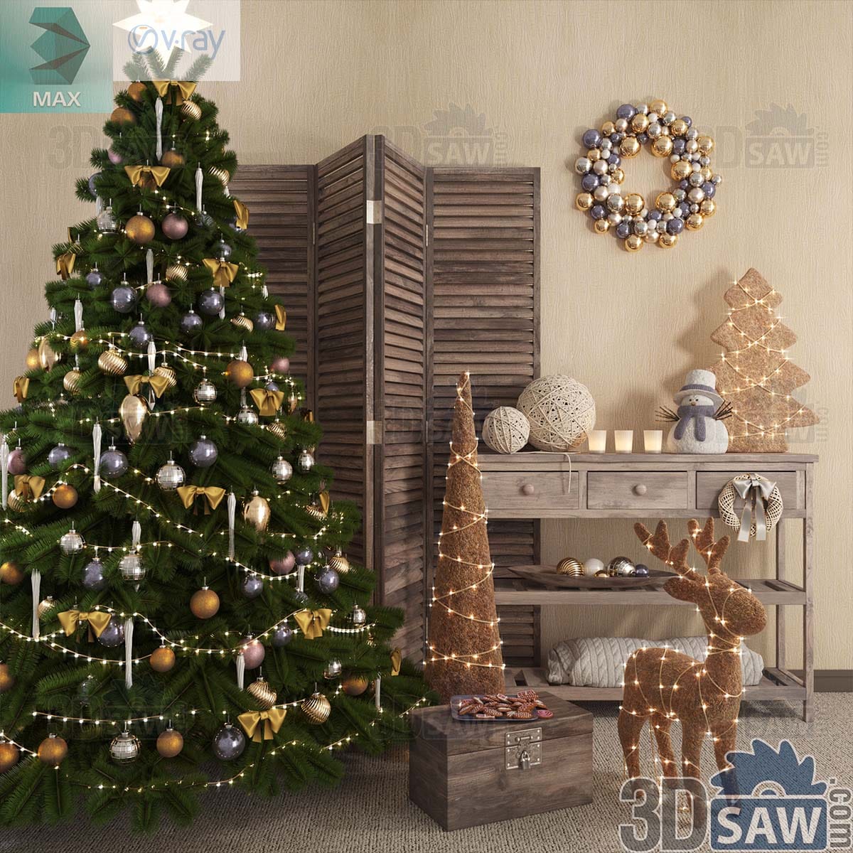 3ds Max rustic Christmas tree with a weathered console, burlap reindeer, bauble wreath and gingerbread tray