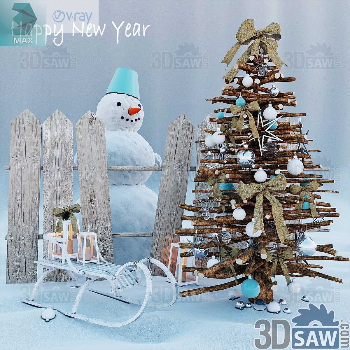 3ds Max driftwood Christmas tree with teal baubles and burlap bows beside a snowman and white sleigh