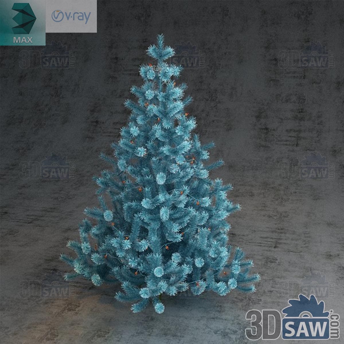 3ds Max undecorated frosted blue fir Christmas tree against a dark plaster wall