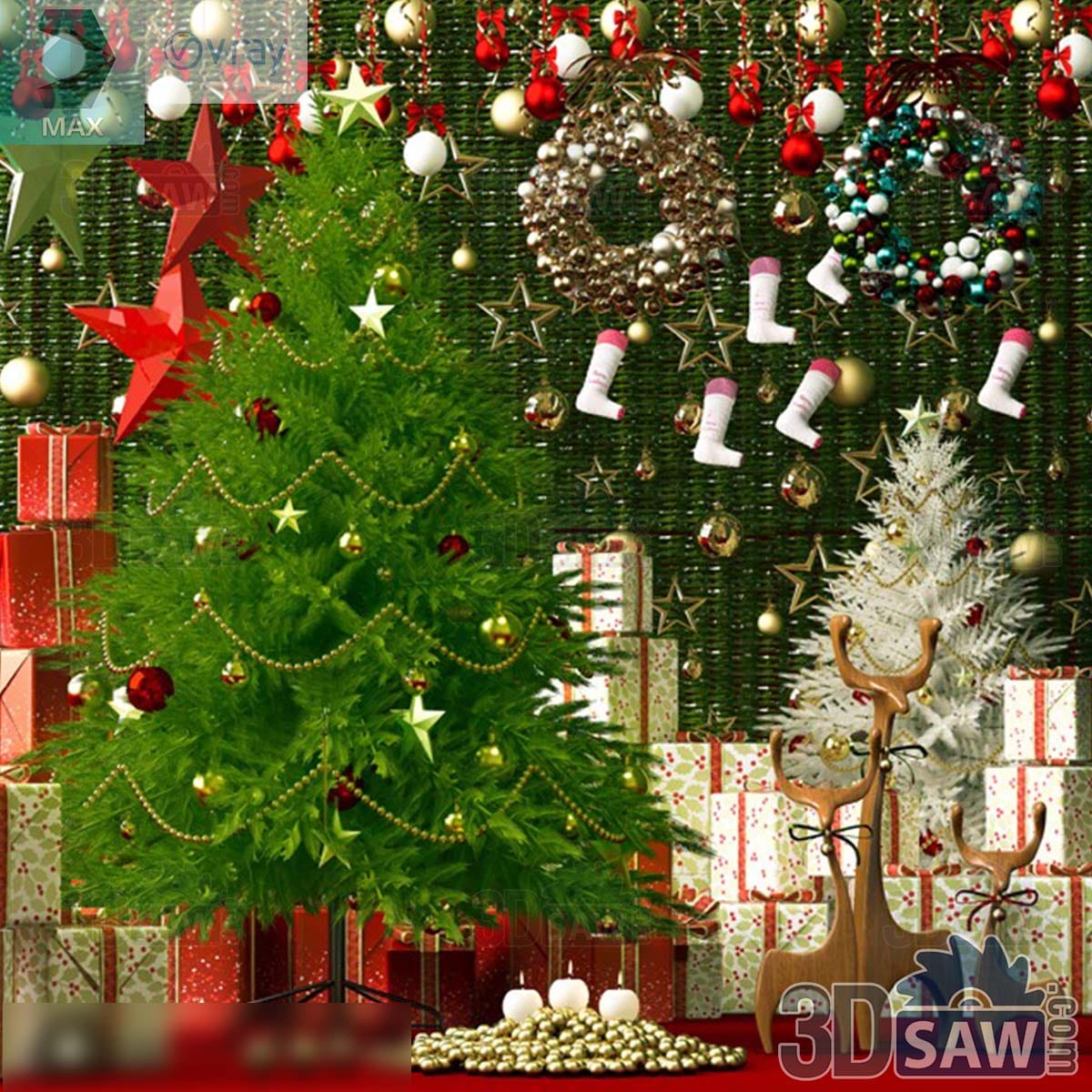 3ds Max red and gold Christmas tree with a white flocked tree, bauble wreaths and wooden reindeer