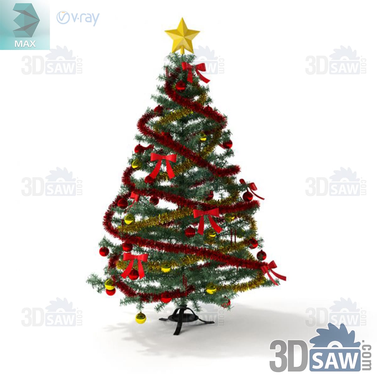 3ds Max green Christmas tree with spiral red tinsel garland, red and gold baubles and a gold star