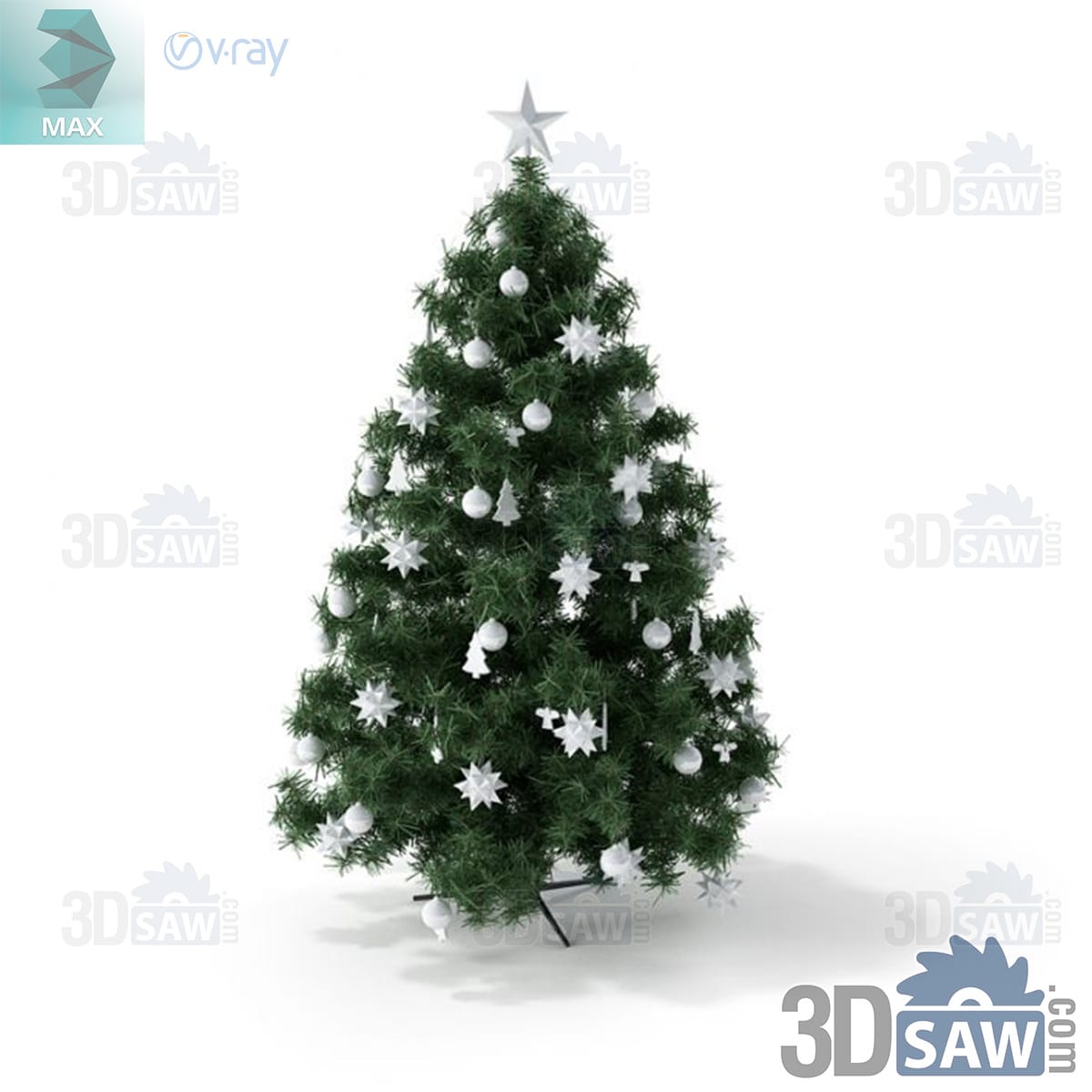 3ds Max green Christmas tree decorated only with white baubles, snowflakes and a silver star topper