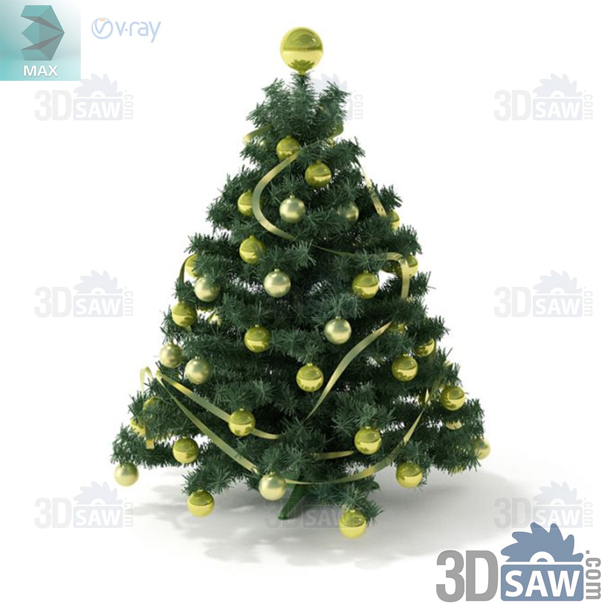 3ds Max green Christmas tree trimmed tonally with glossy olive baubles and curling ribbon