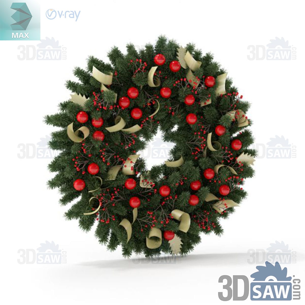3ds Max green fir Christmas wreath with red baubles, red berries, curled cream ribbon and gold holly