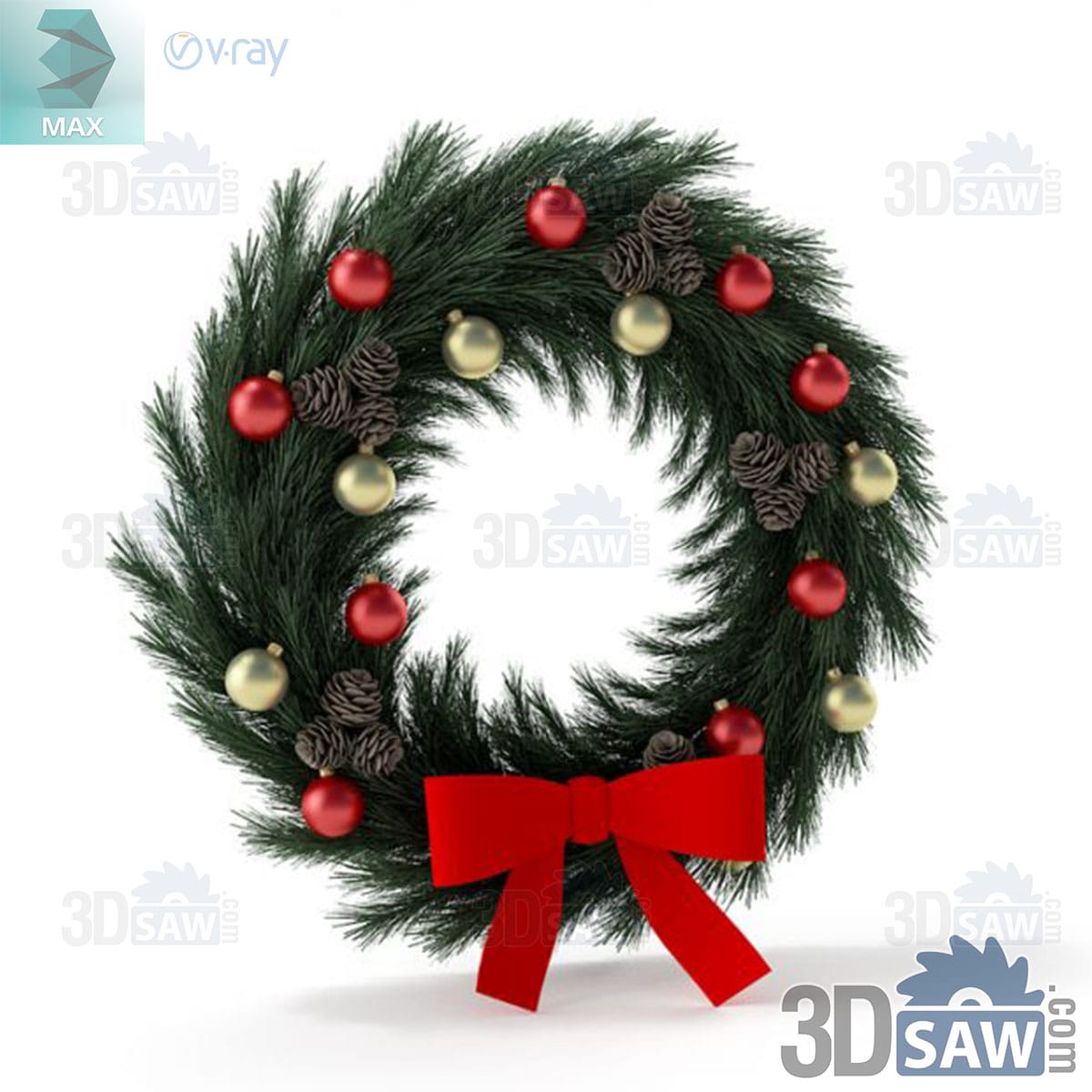 3ds Max green pine Christmas wreath with red and gold baubles, pinecones and a large red bow