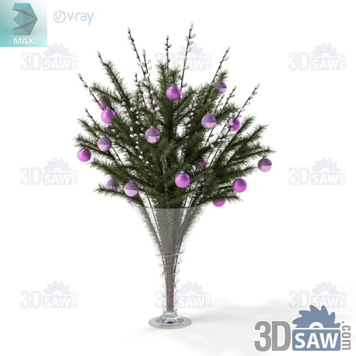 3ds Max Christmas bouquet of spruce and pussy willow with lilac baubles in a tall conical glass vase