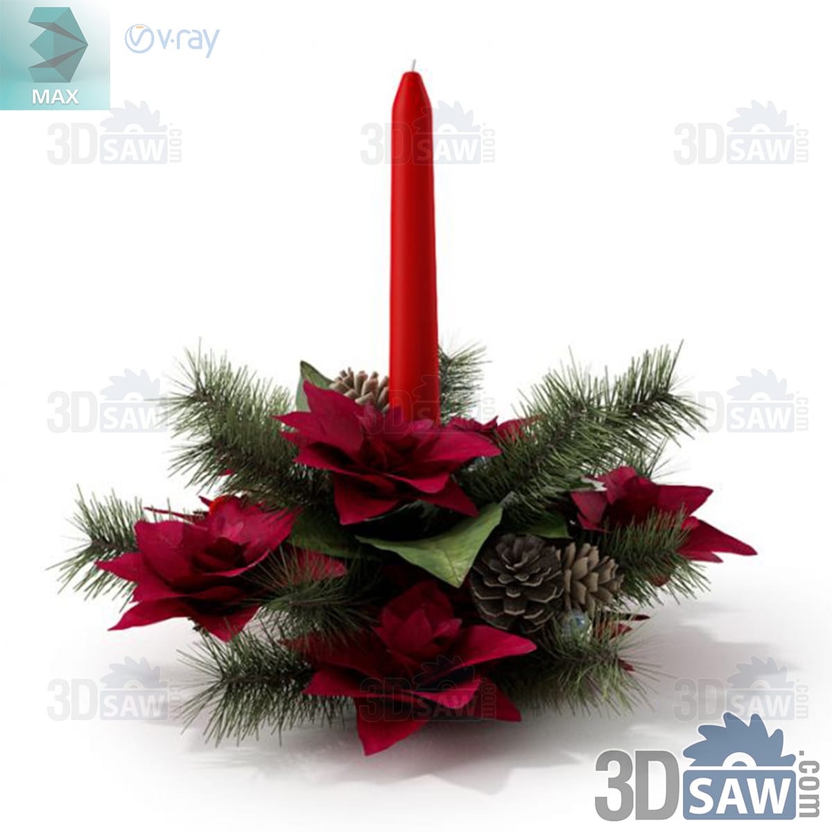 3ds Max Christmas centrepiece with a red taper candle, pine branches, red poinsettias and pinecones