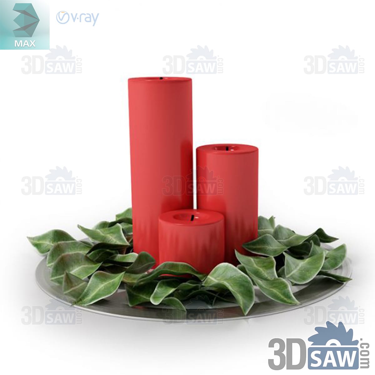3ds Max three red pillar candles on a round silver tray ringed with glossy green magnolia leaves
