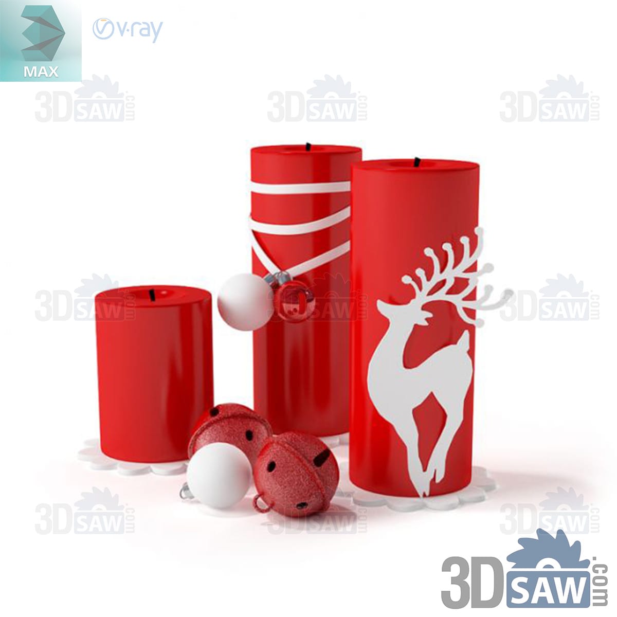 3ds Max red Christmas pillar candles with a reindeer silhouette, ribbon wrap and jingle bells