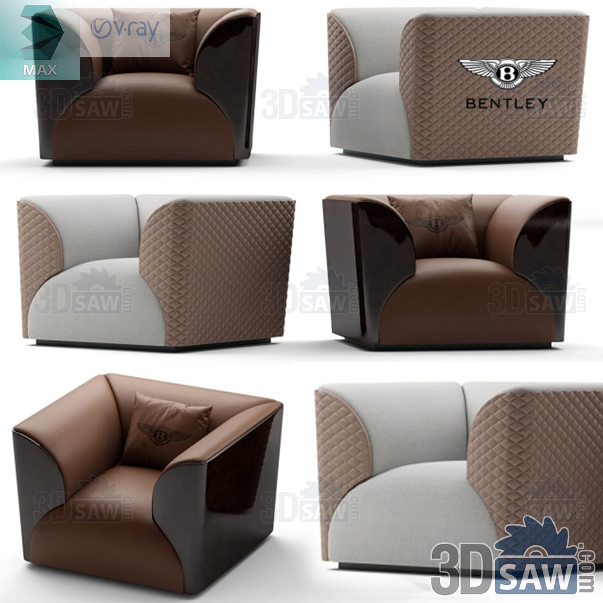 3ds Max luxury cube accent armchair with diamond-quilted arm panels in two-tone leather and linen