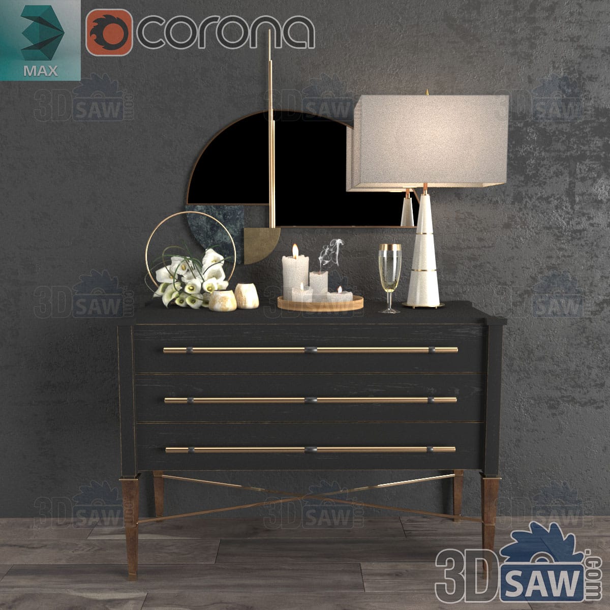 3ds Max black oak chest of drawers with brass pulls, marble table lamp, calla lilies and a wall mirror