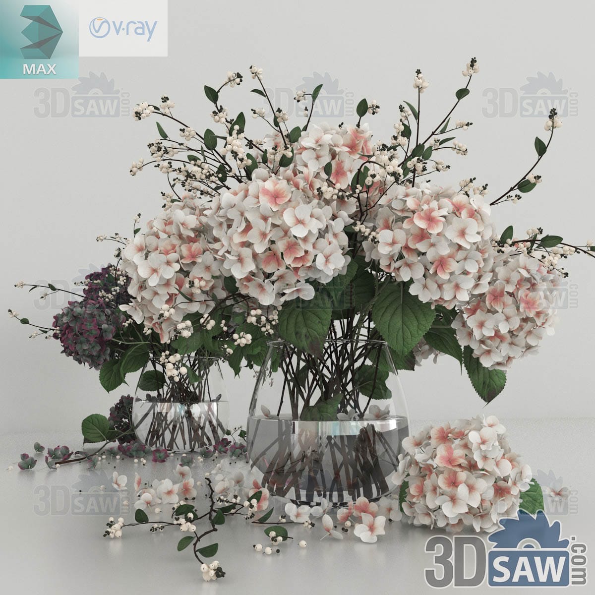 3ds Max blush hydrangea and snowberry bouquet in a rounded and a cylindrical clear glass vase