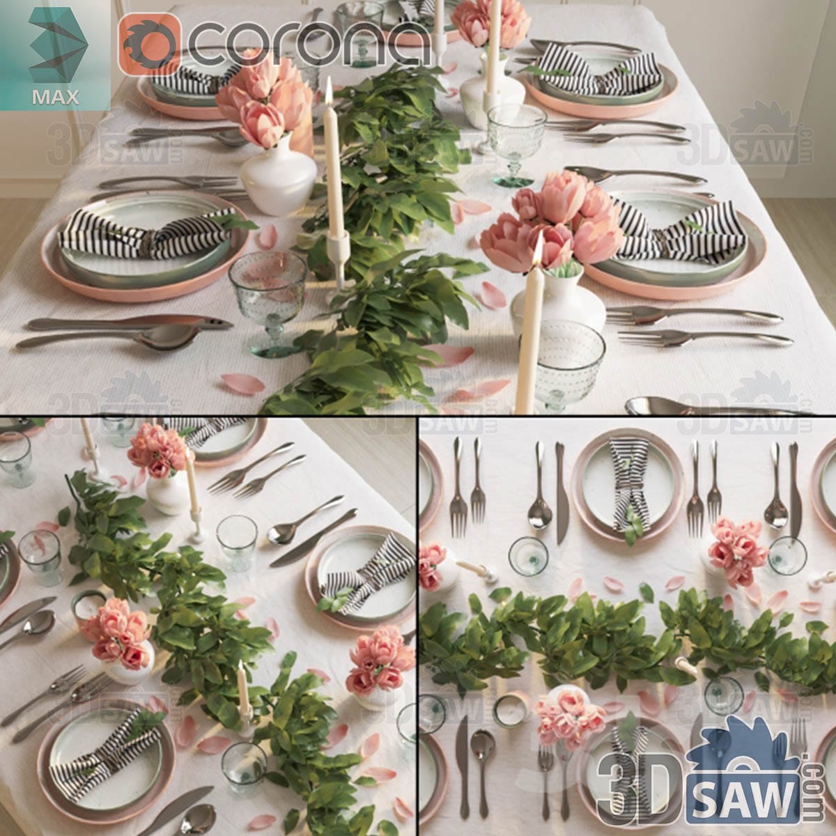 3ds Max spring table setting with pink chargers, striped napkins, tulip bud vases and a leafy garland