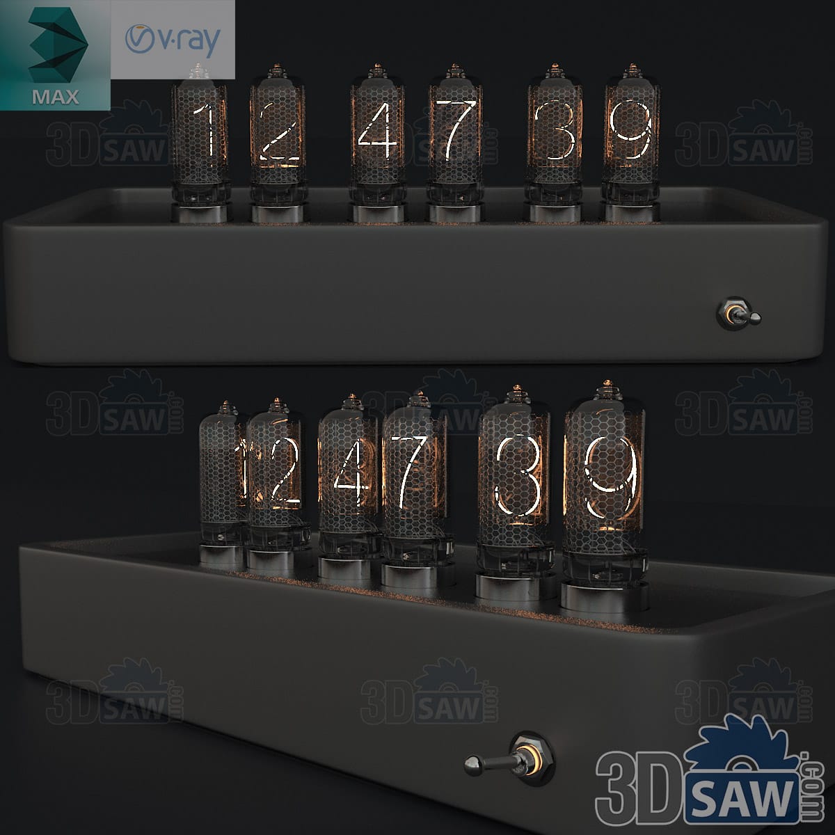 3ds Max nixie tube desk clock with six glowing digit tubes in a dark metal tray with a toggle switch