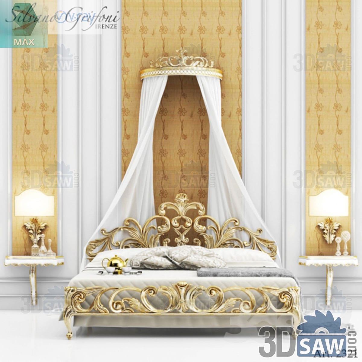 3ds Max baroque cream leather bed with gold carved scrollwork and a gilt crown canopy with sheer drapes